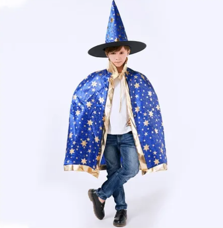 Disfraz Bruja Mago Niña Niño Halloween Capa + Sombrero Brujo / Maga Cosplay Unisex