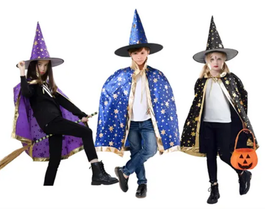 Combo 3: Disfraz Bruja o Mago para niña o niño !! Capa + Sombrero de Bruja / Maga Cosplay Unisex