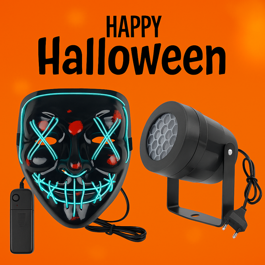 Combo 1: Pack Fiesta Halloween – Máscara LED + Proyector de Luces