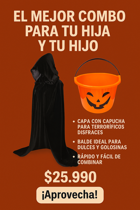 Combo Halloween Espanto Shop – Capa con Capucha + Balde Calabaza