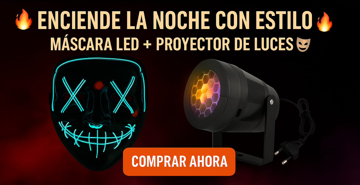 Combo 1: Pack Fiesta Halloween – Máscara LED + Proyector de Luces