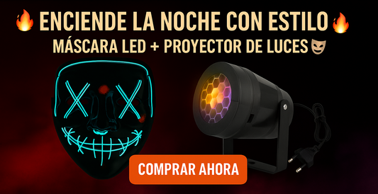 Combo 1: Pack Fiesta Halloween – Máscara LED + Proyector de Luces