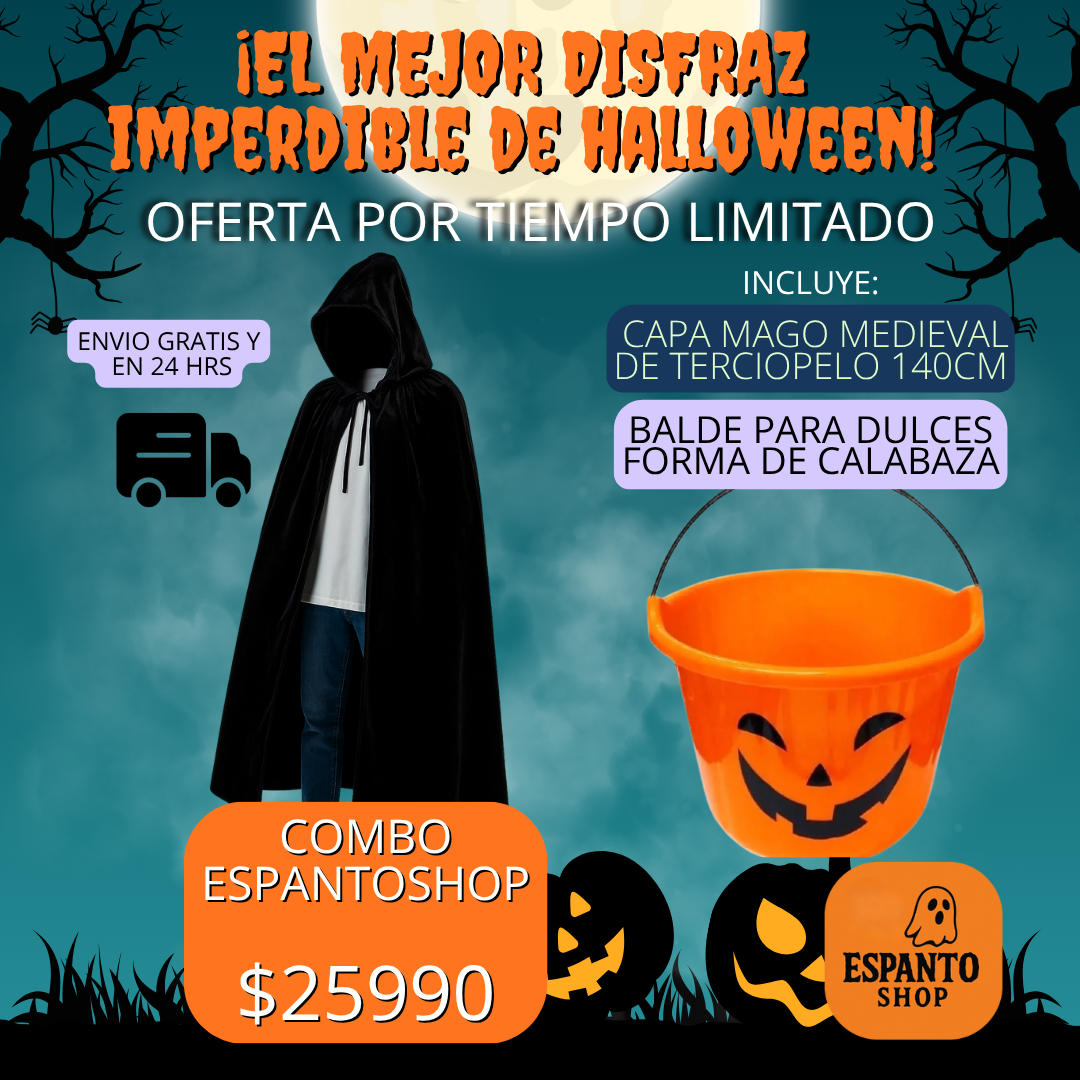 Combo Halloween Espanto Shop – Capa con Capucha + Balde Calabaza